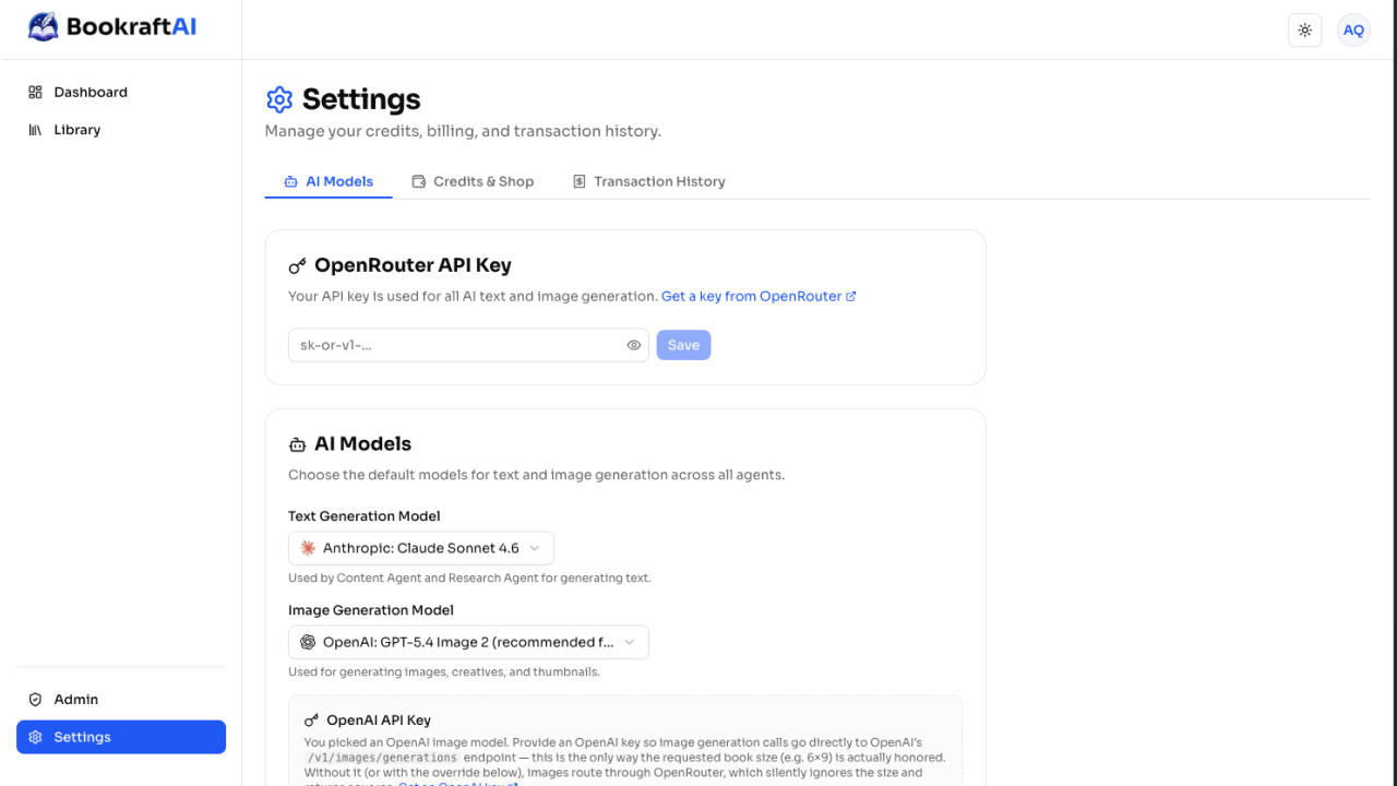 User settings — bring your own AI keys