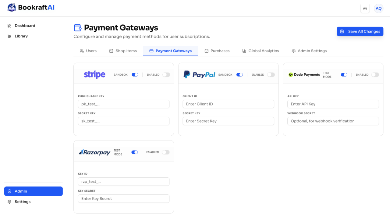 Admin → payment gateways